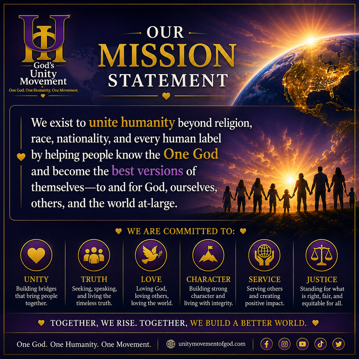 God's Unity Movement mission statement graphic with the U emblem, Earth, and diverse silhouettes